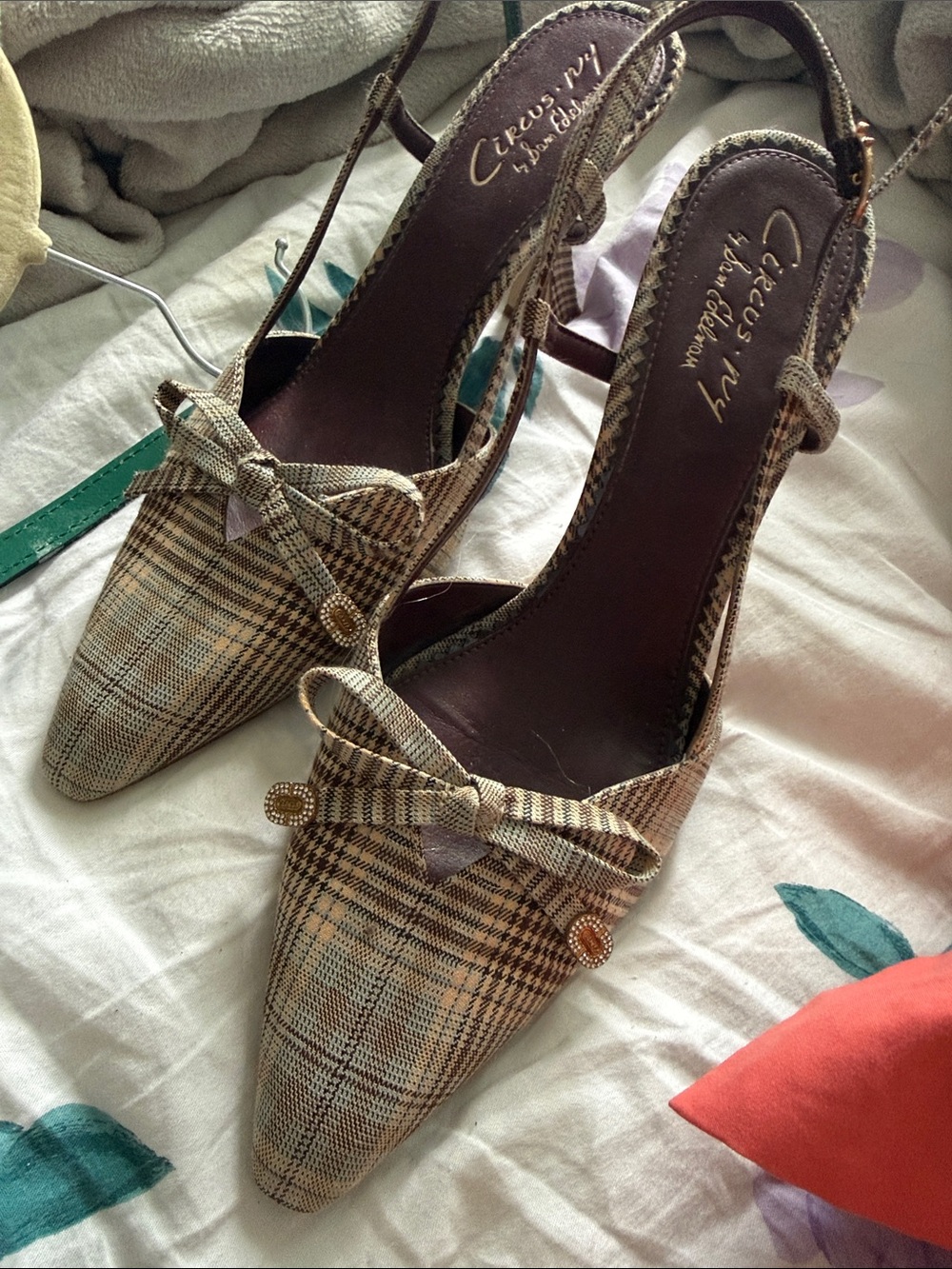 Sam Edelman Plaid Pointed-Toe Slingback Heels in Beige and Brown
